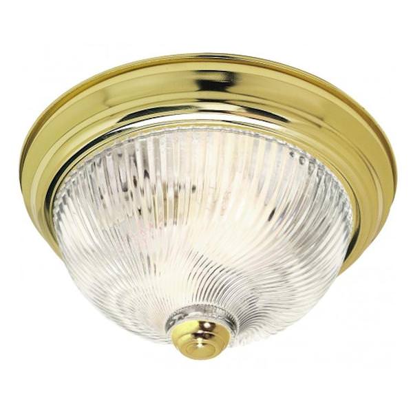 2 Light 11" Round Polished Brass Clear Ribbed Glass Shade Ceiling Light Fixture