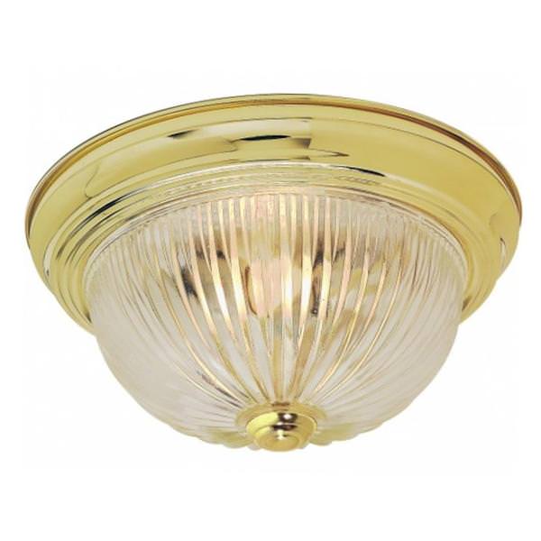 2 Light 11" Round Polished Brass Clear Ribbed Glass Shade Ceiling Light Fixture