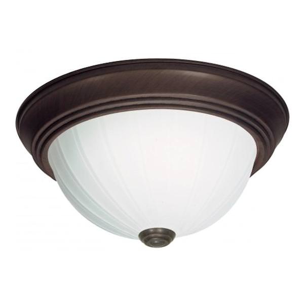 2 Light 11" Round Old Bronze Frosted Melon Glass Shade Ceiling Light Fixture