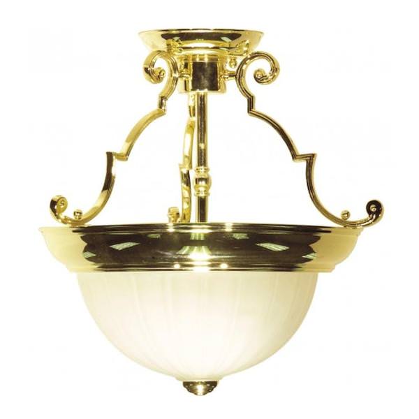 2 Light 13" Round Polished Brass Frosted Melon Glass Shade Ceiling Light Fixture