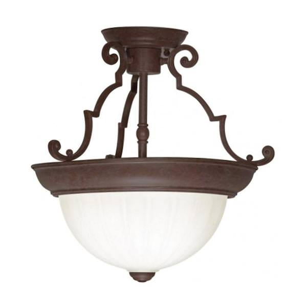 2 Light 13" Round Old Bronze Frosted Melon Glass Shade Ceiling Light Fixture