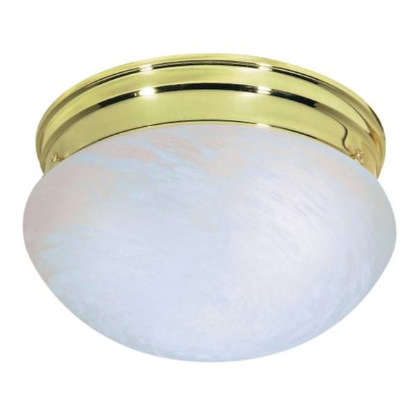2 Light 10" Round Polished Brass Alabaster Mushroom Glass Shade Ceiling Light Fixture