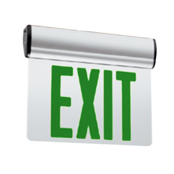 120/277 volt Double Face AC Only Satin Aluminum Green Letters Mirror Edge-Lit LED Exit / Emergency