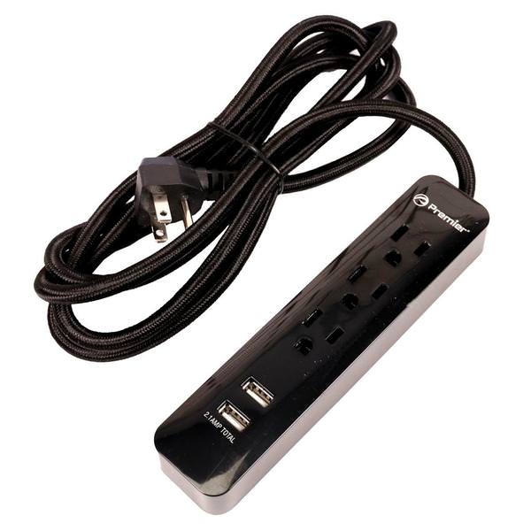 7' Braided Cord 3 Outlet 2 USB Power Strip