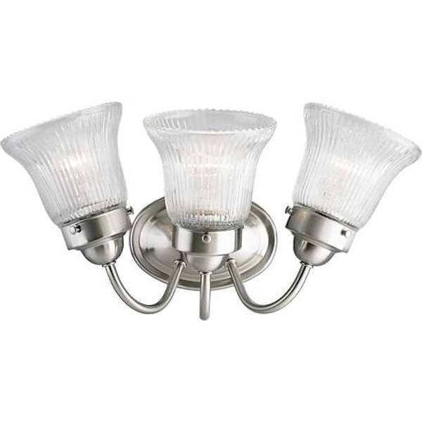 3 Light 120 volt Brushed Nickel Vanity Clear Prismatic Glass Light Fixture