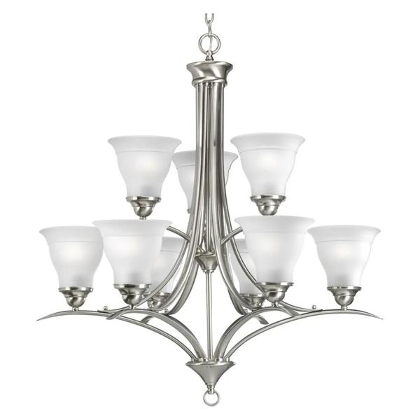 9 Light Brushed Nickel Etched Glass Shade Chandelier Light Fixture