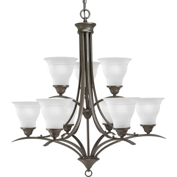 9 Light Antique Bronze Etched Glass Shade Chandelier Light Fixture