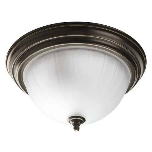 2 Light Antique Bronze Etched Ribbed Glass Ceiling Light Fixture