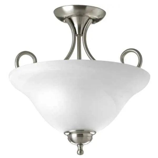 2 Light Brushed Nickel Etched Ribbed Glass Semi-Flush Ceiling Light Fixture