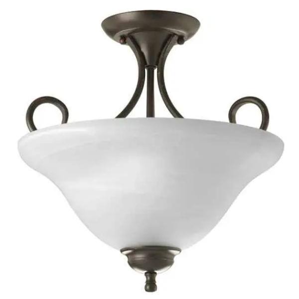 2 Light Antique Bronze Etched Ribbed Glass Semi-Flush Ceiling Light Fixture