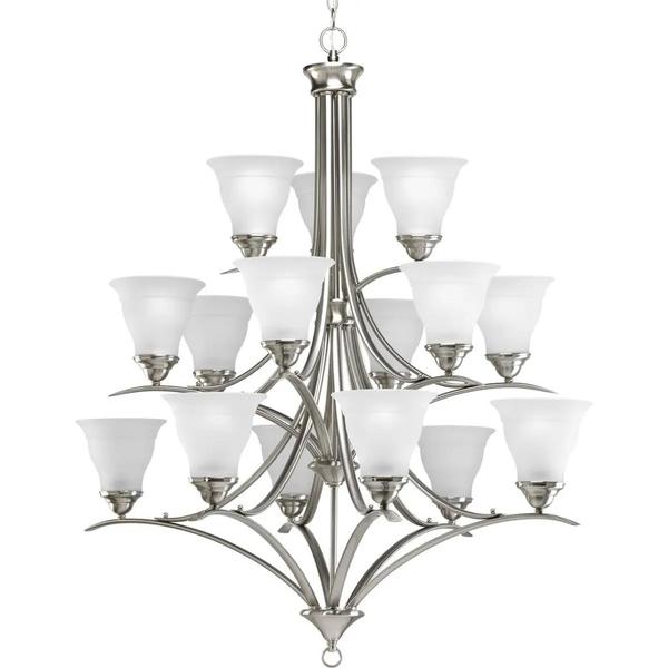 15 Light Brushed Nickel Etched Glass Shade Chandelier Light Fixture