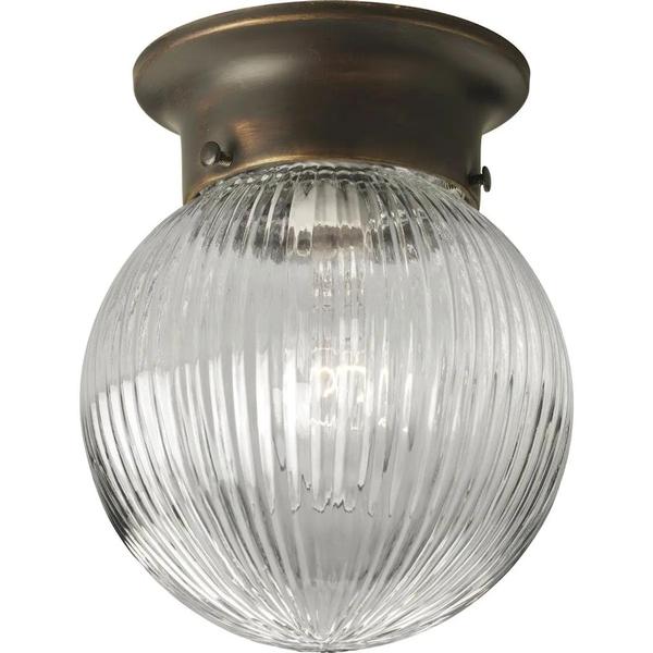 1 Light Antique Bronze Clear Ribbed Glass Globe Flush Mount Ceiling Light Fixture