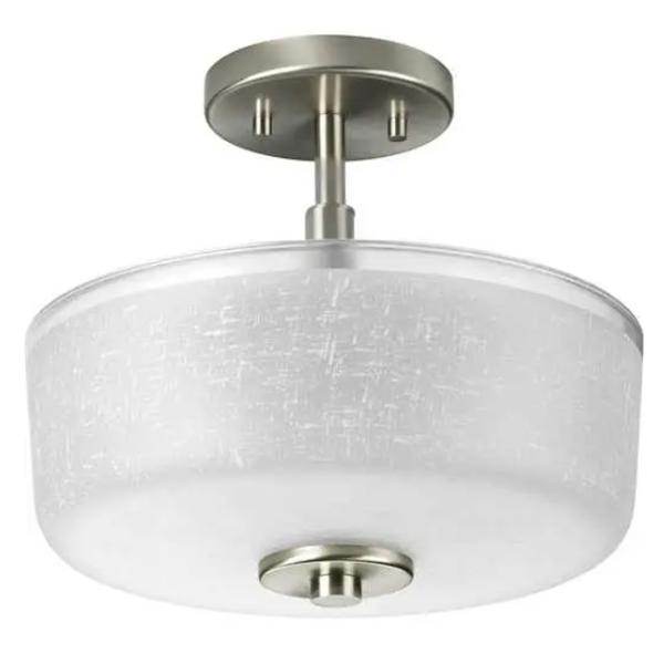 2 Light 120 volt Brushed Nickel Etched Linen Glass Bowl Semi Flush Light Fixture