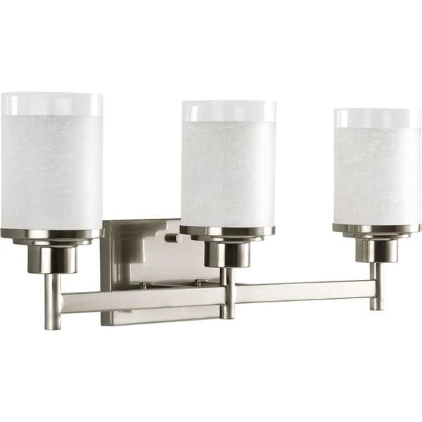 3 Light 120 volt Brushed Nickel Vanity Etched Linen With Clear Edge Glass Light Fixture