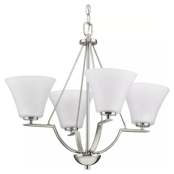 4 Light Brushed Nickel Etched Glass Shade Chandelier Light Fixture