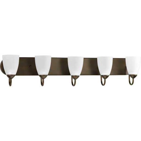 5 Light 120 volt Antique Bronze Vanity Etched Glass Light Fixture