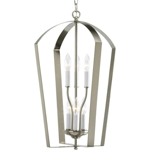 6 Light Brushed Nickel White/Brushed Nickel Glass Candle Sleeves Pendant Light Fixture