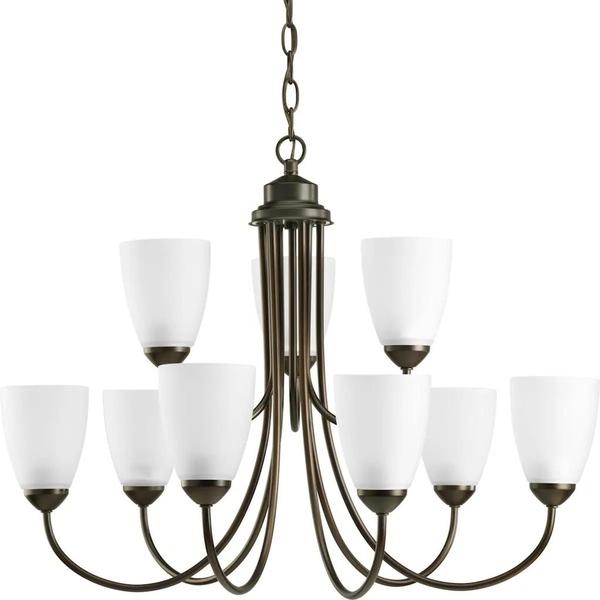 9 Light Antique Bronze Etched Glass Shade Chandelier Light Fixture
