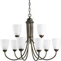 Progress Lighting 9 Light Antique Bronze Etched Glass Shade Chandelier Light Fixture