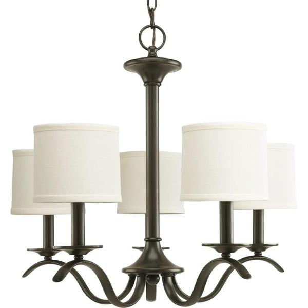 5 Light Antique Bronze Off-White Linen Shade Chandelier Light Fixture