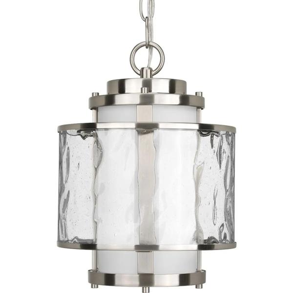 1 Light Brushed Nickel Distressed Glass with Etched Shade Hanging Lantern Light Fixture