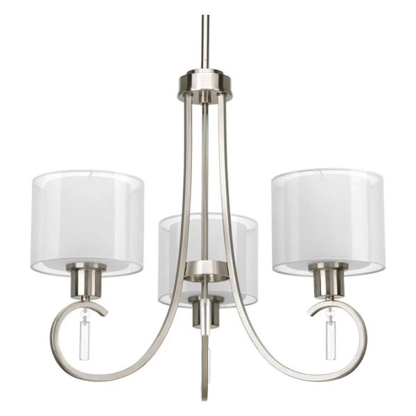 3 Light Brushed Nickel White Silk Mylar Shade Chandelier Light Fixture