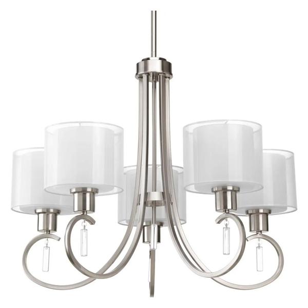 5 Light Brushed Nickel White Silk Mylar Shade Chandelier Light Fixture