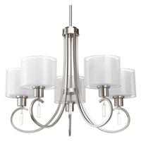 Progress Lighting 5 Light Brushed Nickel White Silk Mylar Shade Chandelier Light Fixture