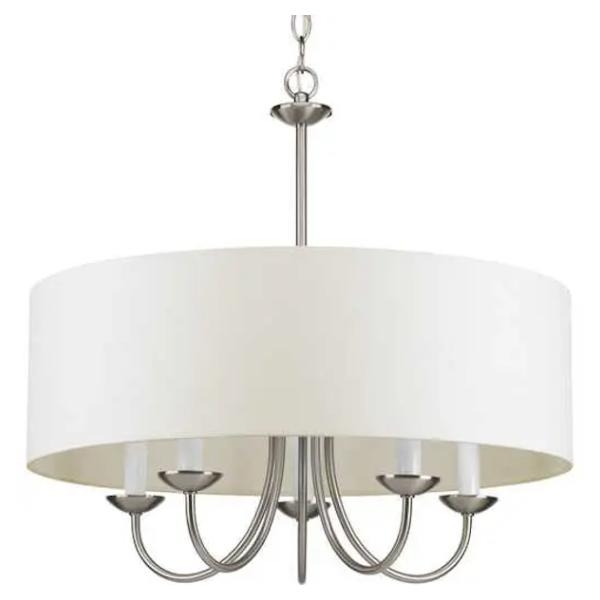 5 Light Brushed Nickel White Textured Linen Shade Chandelier Light Fixture