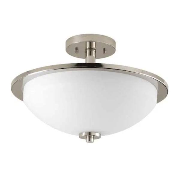 2 Light 120 volt Polished Nickel Etched White Glass Bowl Ceiling Light Fixture