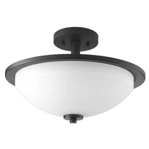 2 Light 120 volt Black Etched White Glass Bowl Ceiling Light Fixture
