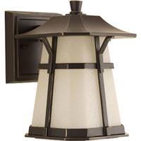 Progress Lighting 9 watt 120 volt 3000K Natural White Antique Bronze Etched Umber Glass Diffuser Outdoor Derby LED Wall Light Fixture