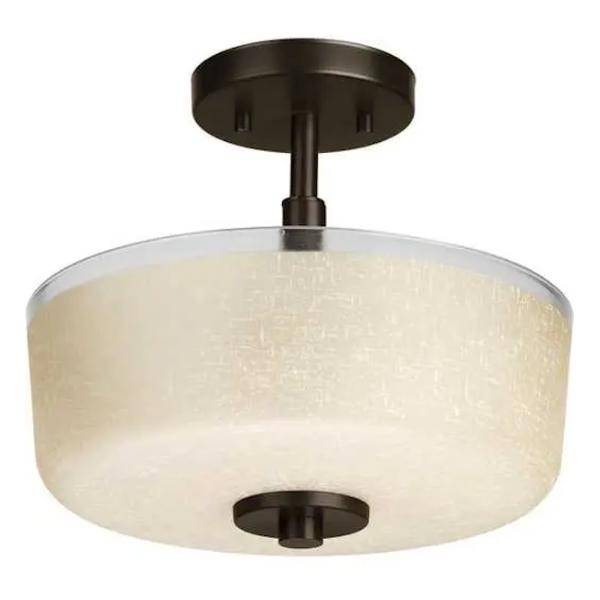 2 Light 120 volt Antique Bronze Etched Umber Linen Glass Bowl Semi Flush Light Fixture