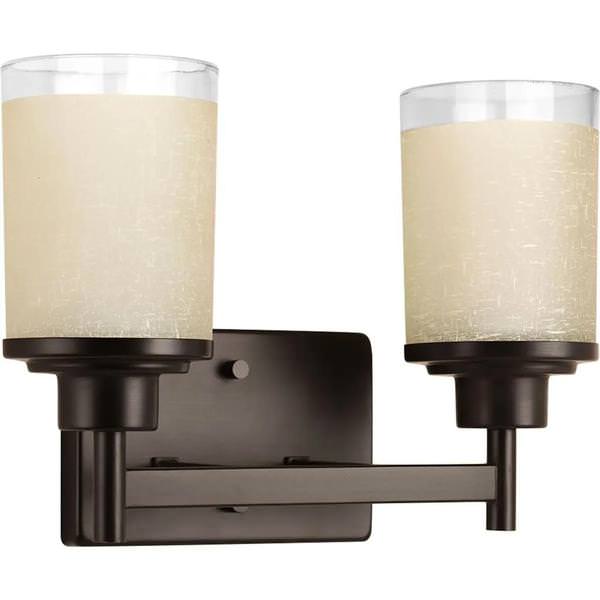 2 Light 120 volt Antique Bronze Vanity Etched Linen With Clear Edge Glass Light Fixture