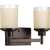 View 2 Light 120 volt Antique Bronze Vanity Etched Linen With Clear Edge Glass Light Fixture