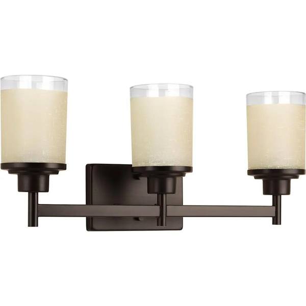 3 Light 120 volt Antique Bronze Vanity Etched Linen With Clear Edge Glass Light Fixture