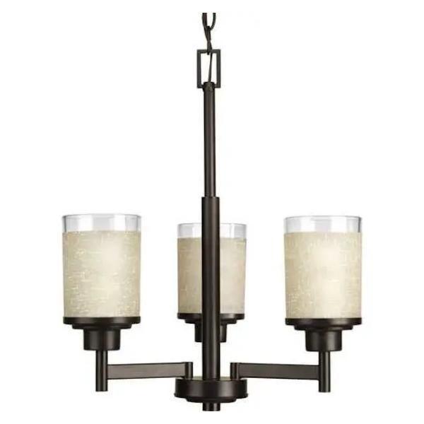 3 Light Antique Bronze Etched Umber Glass Clear Edge Shade Chandelier Light Fixture