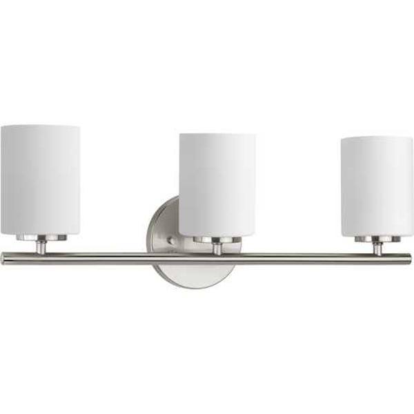 3 Light 120 volt Brushed Nickel Vanity Etched White Glass Light Fixture
