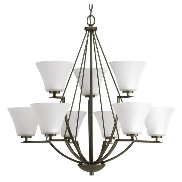 9 Light Antique Bronze Etched Glass Shade Chandelier Light Fixture