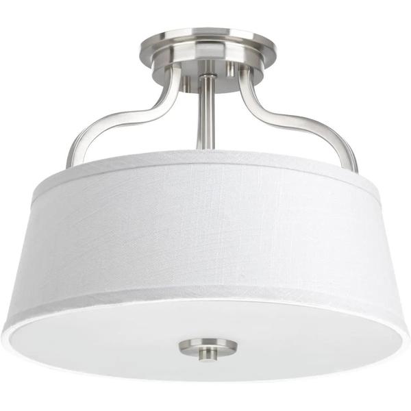 2 Light 120 volt Brushed Nickel Fabric Linen Shade Etched Glass Diffuser Ceiling Light Fixture