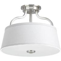 Progress Lighting 2 Light 120 volt Brushed Nickel Fabric Linen Shade Etched Glass Diffuser Ceiling Light Fixture