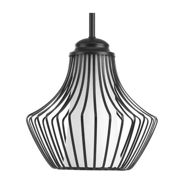 1 Light Matte Black Etched White Glass Diffuser White Silk Shade Pendant Light Fixture