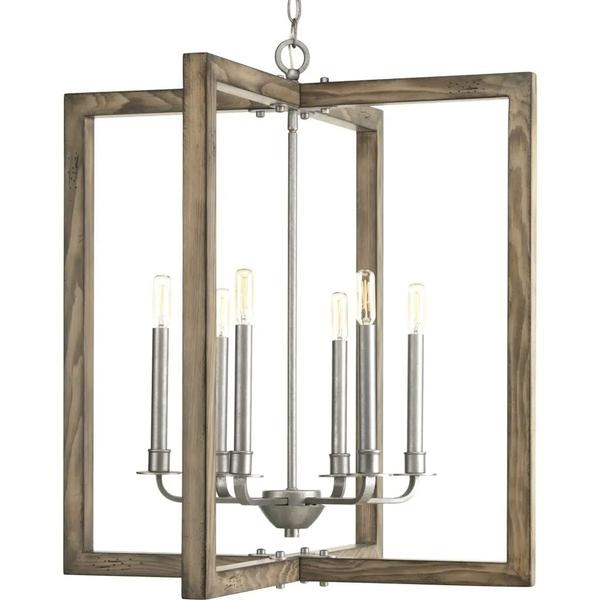 6 Light Galvanized Finish Distressed Pine Frame Coastal Style Chandelier Light Fixture
