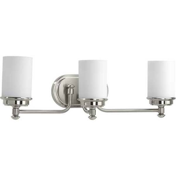 3 Light 120 volt Brushed Nickel Vanity Etched Opal Glass Light Fixture