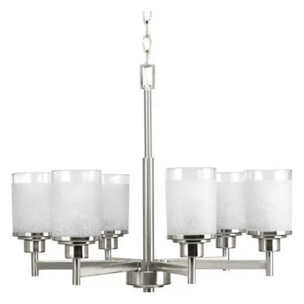 6 Light Brushed Nickel Etched Glass Clear Edge Shade Chandelier Light Fixture
