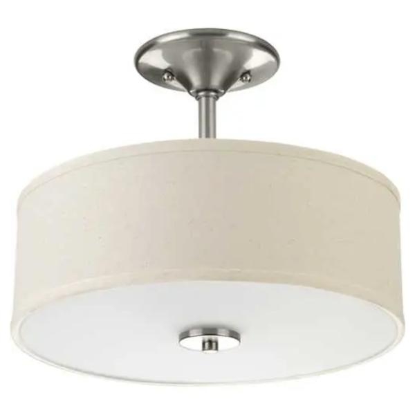 2 Light 120 volt Brushed Nickel Fabric Shade Etched Glass Diffuser Ceiling Light Fixture