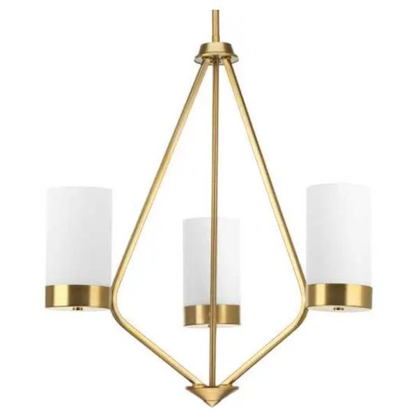 3 Light Brushed Bronze Etched White Glass Shade Chandelier Light Fixture