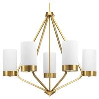 Progress Lighting 5 Light Brushed Bronze Etched White Glass Shade Chandelier Light Fixture