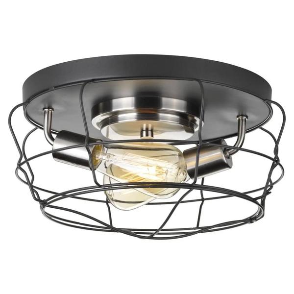 2 Light Graphite Finish Brushed Nickel Accent Open Cage Industrial Design Ceiling Light Fixture