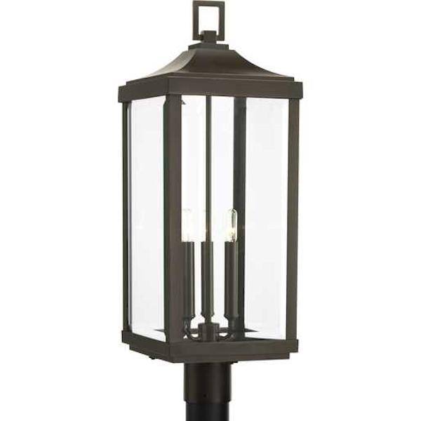 3 Light Antique Bronze with Clear Beveled Large Glass Gibbes Street Post Top Light Fixture